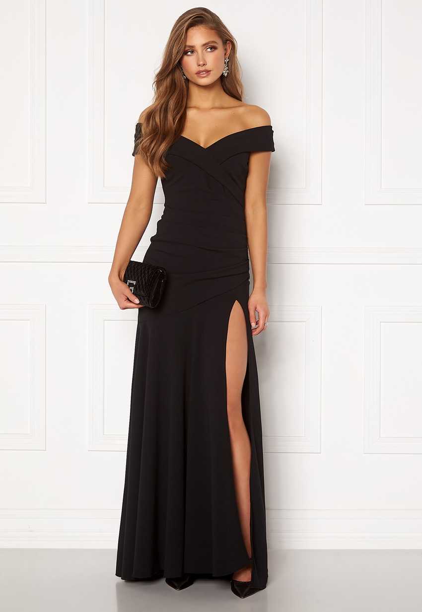 goddiva bardot pleat maxi split dress black