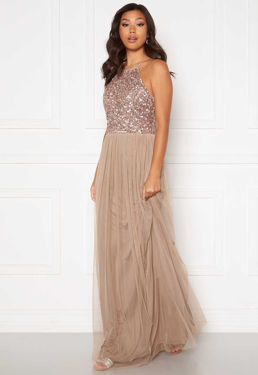 angeleye high neck sequin maxi dress taupe