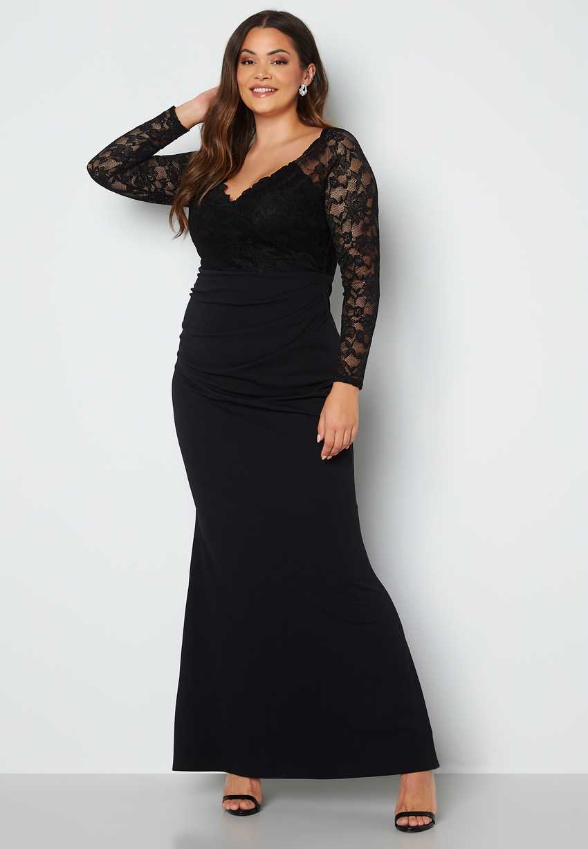 goddiva curve long sleeve lace trim maxi dress black